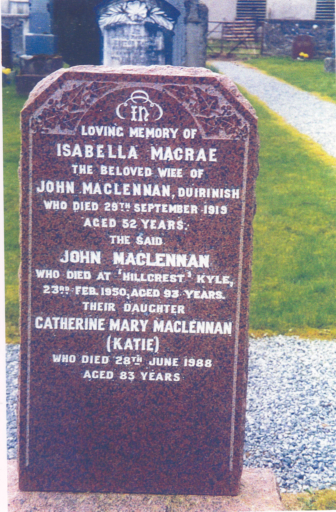 Photo of headstones/John MacLennan d1950 hdstn Lochalsh Kirkton_